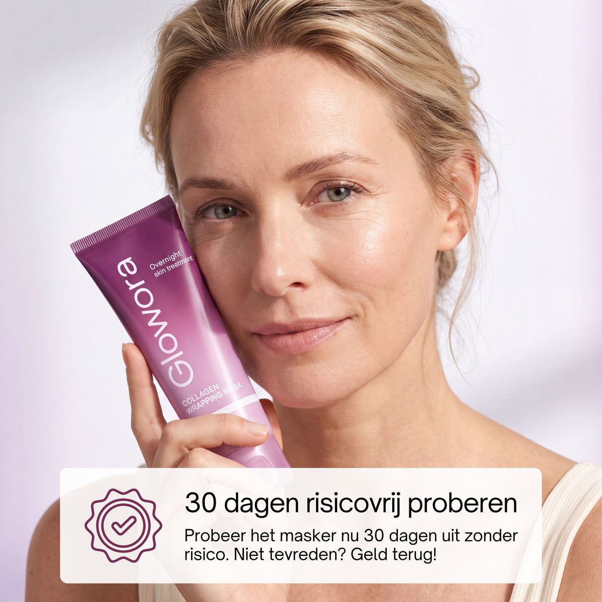 Vrouw met Collageen Wrapping Masker tube en de melding 30 dagen risicovrij proberen