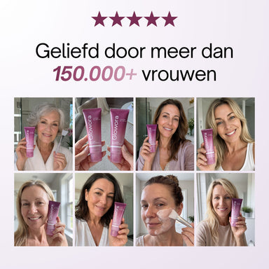 Collage van vrouwen die het Collageen Wrapping Masker vasthouden en aanbrengen