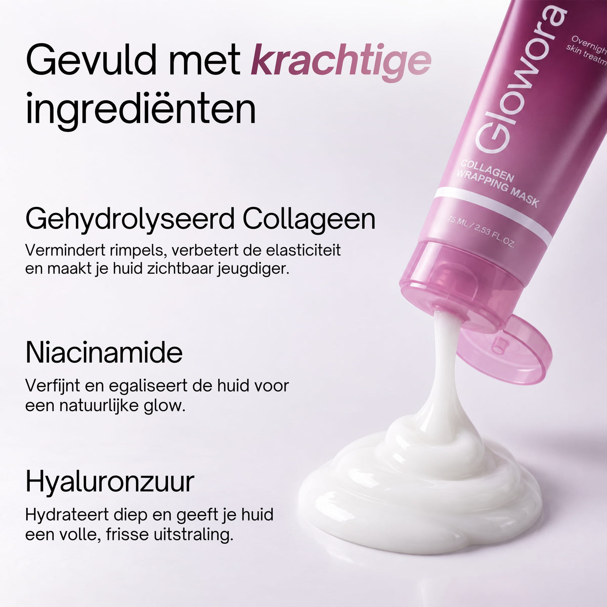 Ingrediëntenoverzicht van het Collageen Wrapping Masker met gehydrolyseerd collageen, niacinamide en hyaluronzuur